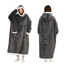 Thick Flannel Hooded TV Blanket With Sleeves, Warm Fleece Oversized Loose Pullover Pajamas For Couples/Home Wear - Grey - View 1