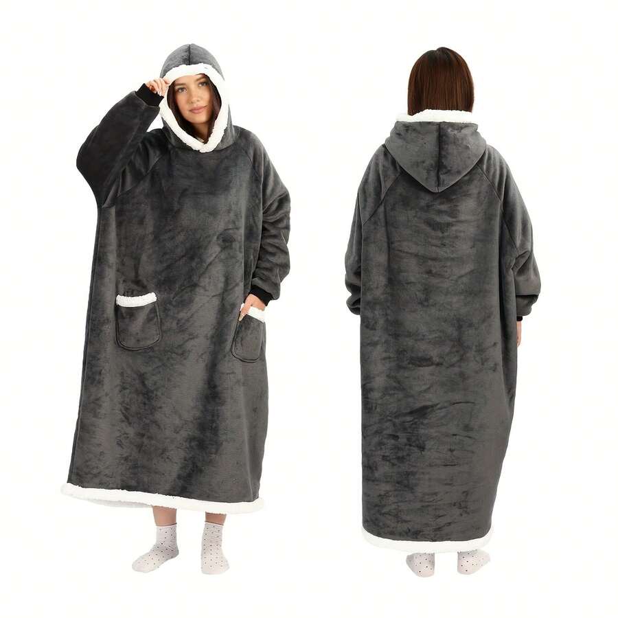 Thick Flannel Hooded TV Blanket With Sleeves, Warm Fleece Oversized Loose Pullover Pajamas For Couples/Home Wear - Grey - View 1