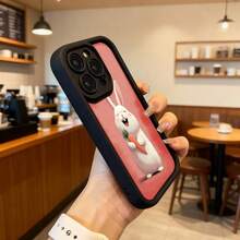 Cubierta de teléfono con borde negro y fondo rojo con estampado de conejo blanco comiendo zanahoria para uso diario en cafeterías Aplicable a los teléfonos de la serie Apple y Galaxy - Negro - Ver 6
