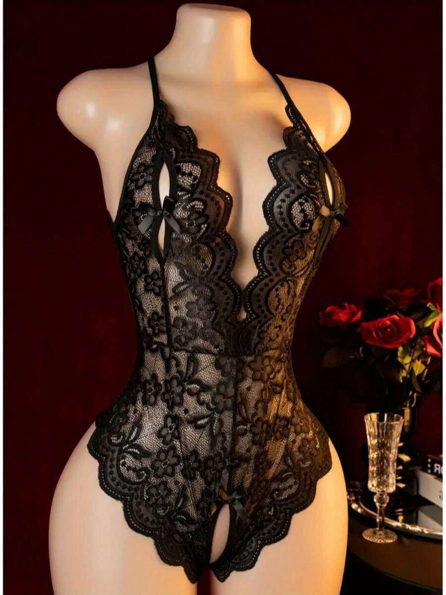 Black Lace Jumpsuit - Crotch Design, Adjustable Straps, Floral Details, Women's Lingerie Jumpsuit, Seamless Construction, Bold Apparel, Sheer Lingerie, Intimate Apparel, Sexy Underwear, Thong, Bedroom Intimate Outfit - Multicolor - View 1