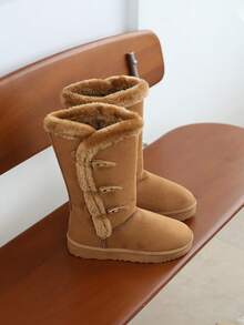 Teens' Autumn/Winter New Mid-Calf Round Toe Buckle Plush Thermal Lined Snow Boots, Fashionable Boots For Girl - Brown - View 1