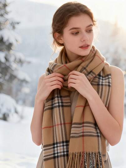 1pc Unisex Classic Plaid Scarf, Faux Cashmere Neck Warmer, Versatile Accessory For Outfits, Gatherings, Travel, Gifts, Suitable For Snowy Winter Days With Retro British Elegance