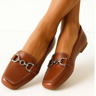 Sapatilha Mocassim Feminina Confortável Bico Quadrado Casual Com Enfeite caramelo