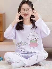 Bộ 2 bộ đồ ngủ cổ tròn in họa tiết hoạt hình chống cháy màu tím, đồ ngủ tay dài cho mùa thu/đông - Màu tím - Xem 1