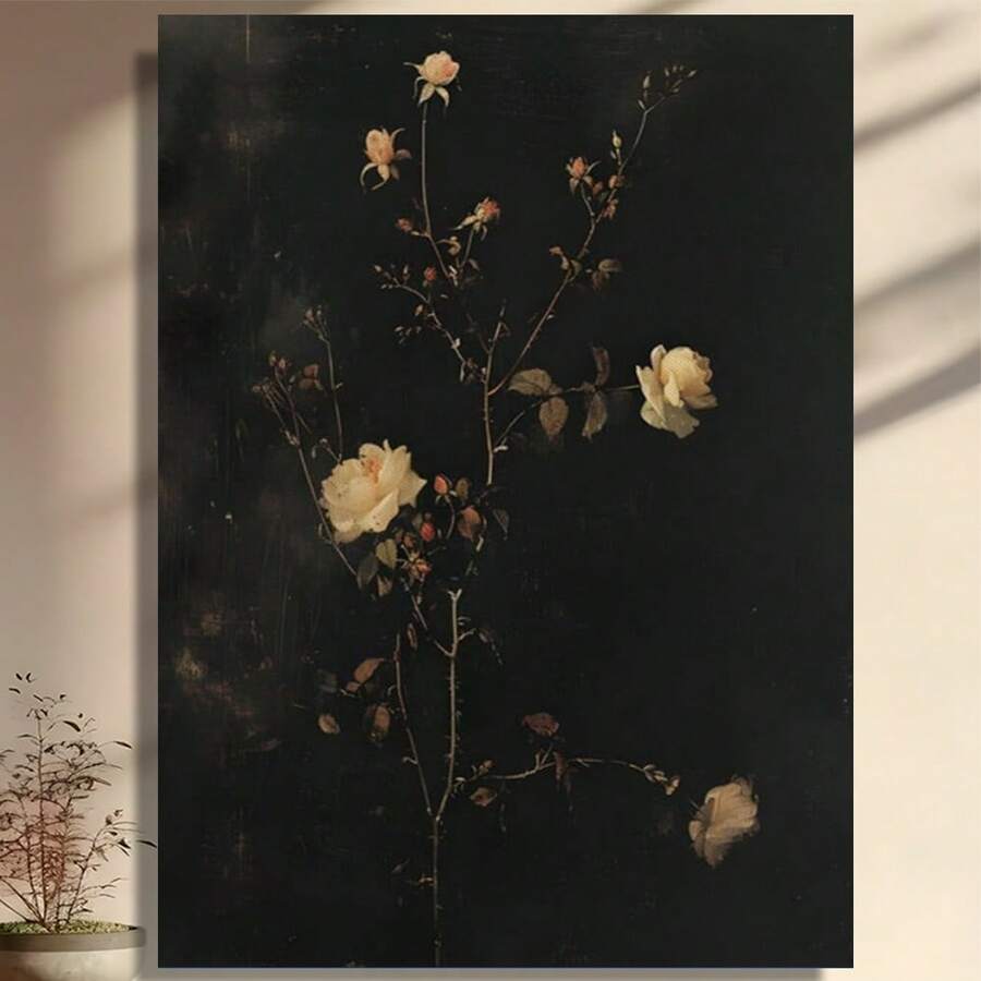 Framed Moody Flower Wall Art Vintage Floral Art Dark Academia Print Rustic Painting Elegant Botanical Artwork For Living Room Bedroom Office For Halloween, Christmas, Living Room, Room And Bathroom Decorations - 框架 - 查看 1