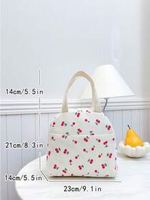 Portable Insulated Lunch Bag; Thickened Cute Lunch Fruit Bag For Students; Pink Asymmetrical Bow Heart Print - Beige - View 3