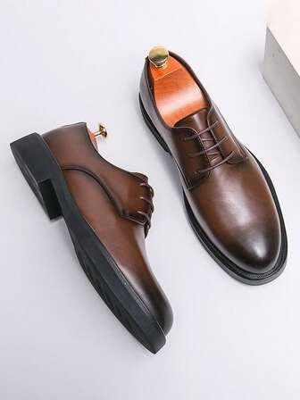 Leather Shoes, Fashionable Thick-Soled Derby Shoes, Lace-Up British Style Shoes, Brown Shoes Suitable For Groom, Groomsmen, Office, Formal Occasions, Casual Daily Wear, Retro Men's Business Work Shoes, Elevated Toe Work Shoes, Wedding Party Formal Dress Shoes, Fashionable Comfortable Oxford Shoes, Elegant Gentleman Classic Social Shoes