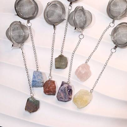 1个/5个装304不锈钢天然水晶茶漏，有多种颜色可选，例如紫水晶、粉晶和虎眼石；304不锈钢茶滤球，内含多种材质的天然水晶。