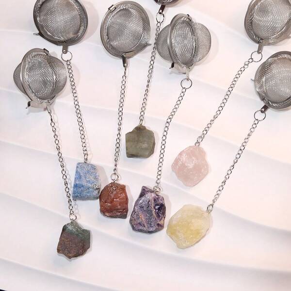 1 pièce/5 pièces Passoire à thé en acier inoxydable 304 avec cristaux bruts, disponible en différentes couleurs comme l'améthyste, le quartz rose et l'œil de tigre ; Boule filtrante à thé en acier inoxydable 304 avec cristaux bruts de matériaux multiples