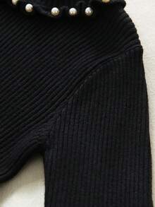 Girls Sweater Elegant Pearl Beaded Ruffle Hem Long Sleeve Knit Pullover Warm Top, Autumn/Winter - Black - View 4