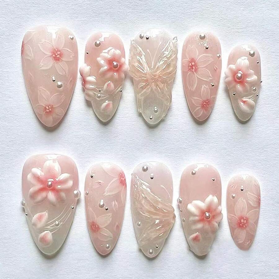 24pcs Pink Flower Press On Nails Medium Almond Nails With 3D Pearl Designs Cute Floral False Nails Kit Flowers Acrylic Nail Tips Full Cover Stick On Nails Women Nail Art Decoration - 萬聖節-17 - 查看 1
