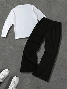 Disney طقم تيشيرت بأكمام طويلة وبنطال فضفاض واسع، مميز بتصميم ألوان سادة وطباعة رسومات خياطة، طراز كاجوال مناسب للارتداء اليومي والجري وغيرها من المناسبات، متعدد الاستخدامات للربيع والخريف - أبيض وأسود - مشاهدة 4