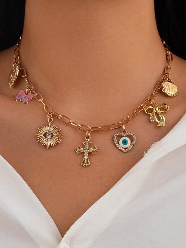 1pc Cool Metal Style Necklace, Multi-Pendant Combination (Cross / Heart Evil Eye / Butterfly / Shell) Jewelry Suitable For Daily And Festival Wearing
