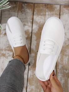 女士休闲套脚圆头帆布鞋，春秋季百搭平底鞋 - 白色 - 查看 5