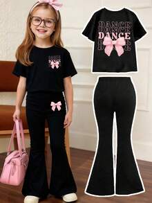 Toddler Girls' Cartoon Print Short Sleeve Top And Skinny Flared Pants Set - Black - View 1