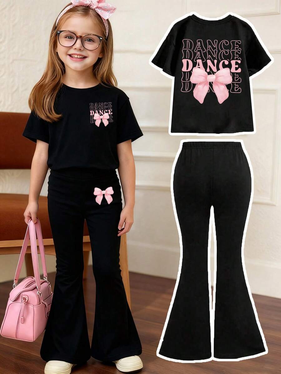 Toddler Girls' Cartoon Print Short Sleeve Top And Skinny Flared Pants Set - Black - View 1