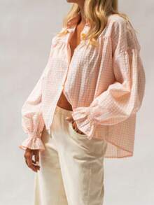 Women's Fashionable Plaid Regular Blouse With Collar, Button Front, And Long Ruffle Sleeves Spring - Yellow - View 5
