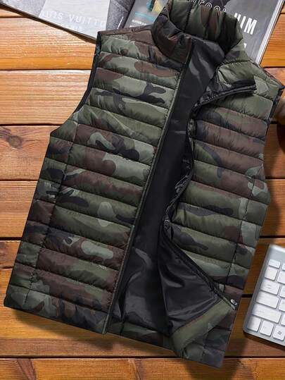 1pc Men's Fleece Lined Thickened Outdoor Stand Collar Sleeveless Vest Jacket, Suitable For Daily Gatherings, Outdoor Hiking, Sports And Running