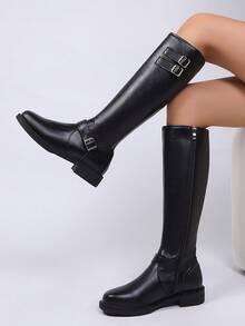 Women's Fashion Buckle Decor Black Knee-High Boots, Fashionable Autumn/Winter Black Side Zipper Motorcycle Boots, Thigh-High Riding Boots. Suitable For Daily Wear, Attending Banquets, Parties, Fashion Shows, Mid-Calf Boots, Thigh-High Boots And Daily Short Boots