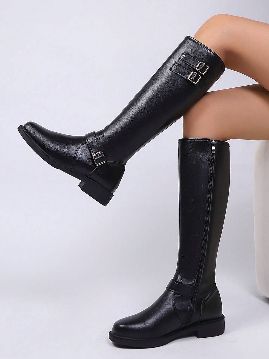 Women's Fashion Buckle Decor Black Knee-High Boots, Fashionable Autumn/Winter Black Side Zipper Motorcycle Boots, Thigh-High Riding Boots. Suitable For Daily Wear, Attending Banquets, Parties, Fashion Shows, Mid-Calf Boots, Thigh-High Boots And Daily Short Boots