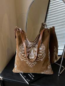 2025 New Bohemian Style Suede Tote Bag, Embroidered Pattern, Large Capacity, Relaxed Shoulder Bag