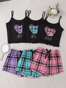 Women's 3-Piece Pajama Set,Ruffled Heart-Patterned Vest + Bow-Tie Plaid Shorts; Women's Casual Loungewear; Sexy Summer Casual Wear. - 彩色 - 查看 14