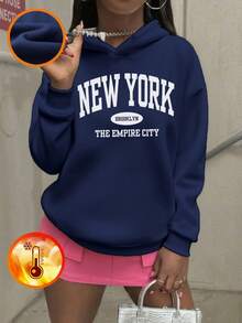 Áo nỉ chui đầu in họa tiết dáng rộng cho bé gái tuổi teen, giữ ấm tốt, thích hợp cho đi học, dạo chơi, mùa thu/đông. - Màu xanh hải quân - Xem 7