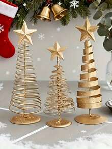 3 piezas Árboles de Navidad mini dorados - Decoración de escritorio elegante, base resistente, centro de mesa con forma de botella vintage, artesanía premium, adecuado para el hogar, oficina, fiesta - Decoración navideña para el hogar, sin necesidad de electricidad, decoración navideña, adornos navideños, decoración de oficina, artesanía premium, hierro duradero, lo mejor para Navidad