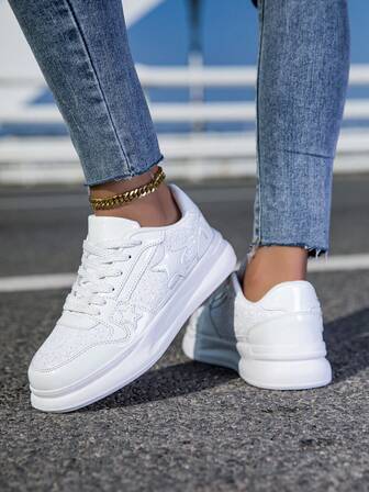 Women's Casual White Sneakers, Non-Slip Soft Bottom Lightweight Platform Round Toe Lace-Up Shoes, Suitable For Spring And Autumn