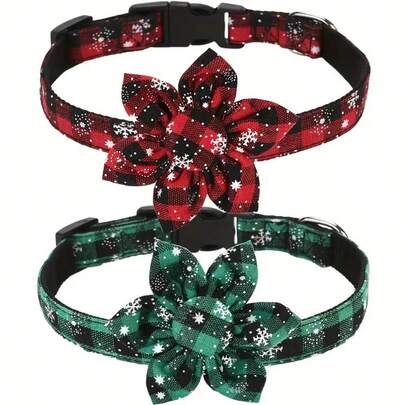 Christmas Dog Collar With Flower, Classic Buffalo Plaid Dog Collar With Hardware Buckle Adjustable Collar With Bow Tie For Small Medium Large Dogs Puppy