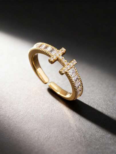 JOJELOO 18K Gold Plated Double T-Shape Ring, Cubic Zirconia - Minimalist Geometric Design, Adjustable Personalized Ring, New Fashion Accessory, Elegant Gift For Modern Minimalist