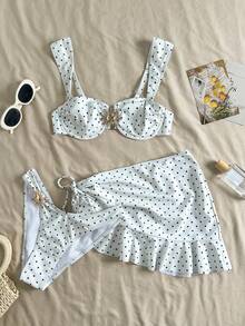 3 件波点比基尼套装，宽肩带设计，带钢圈，提供舒适支撑，时尚海滩风格，非常适合夏季海滩和泳池派对