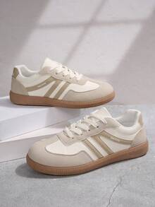 卡其色平底休闲运动鞋 系带运动鞋 拼接设计 柔软皮革 返校学院风一脚蹬休闲鞋 舒适休闲时尚跑步运动鞋 - 卡其色 - 查看 8