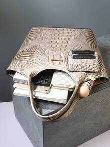 2pcs Elegant Women's Tote,Elegant Large-Capacity Women's Tote | Solid-Color Crocodile-Patterned PU Bag With Secure Zipper, Multi-Pockets, Fixed Strap - Suitable For Work & Outings - Màu Khaki - Xem 7