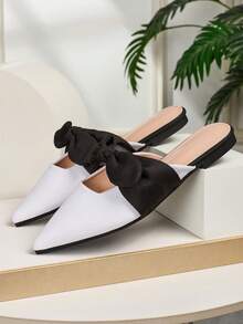 New Casual Bow Slip-On Flats For Women, Pointed Toe Mule Shoes, Color Block Patchwork, Cute Hollow-Out, Versatile For Outdoor Wear, All Seasons - White - View 4