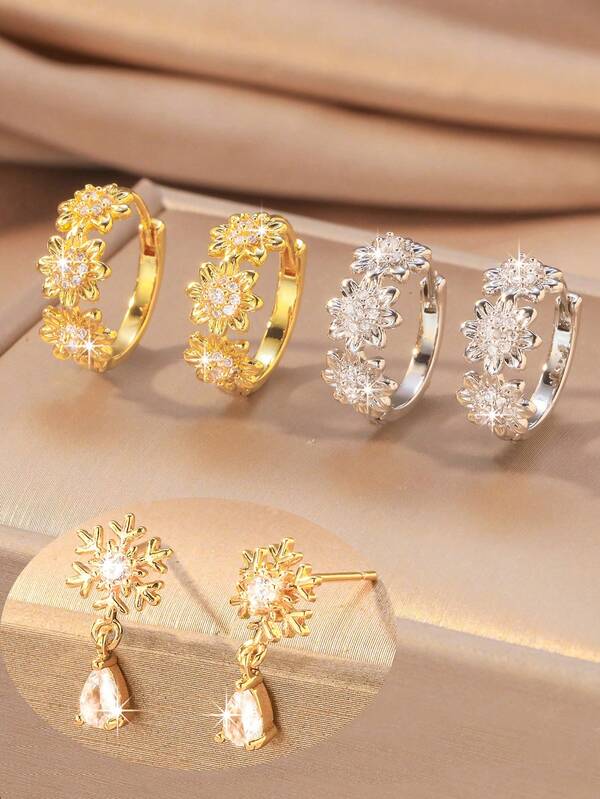 1 par de pendientes de aro con diseño de copo de nieve de circonita para mujeres, diseño completo de circonita, transparente en oro/plata, minimalista y versátil, adecuado para otoño/invierno