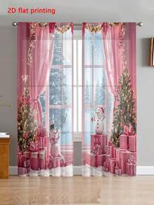 2pcs/Set 2D Flat Modern Art Christmas Tree, Santa Claus, Snowflake Decorative Semi-Blackout Sheer Curtains For Living Room, Bedroom