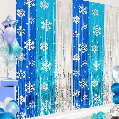 1Pack/2Packs Christmas Snowflake Foil Fringe Streamers Frozen Birthday Party Decorations Winter Princess Birthday Party Decorations 3.3 X 6.6ft Silver Blue Snowflake Tinsel Foil Fringe For Winter Wonderland Party Decorations Ice Birthday Party Supplies Christmas Holiday Party Decorations