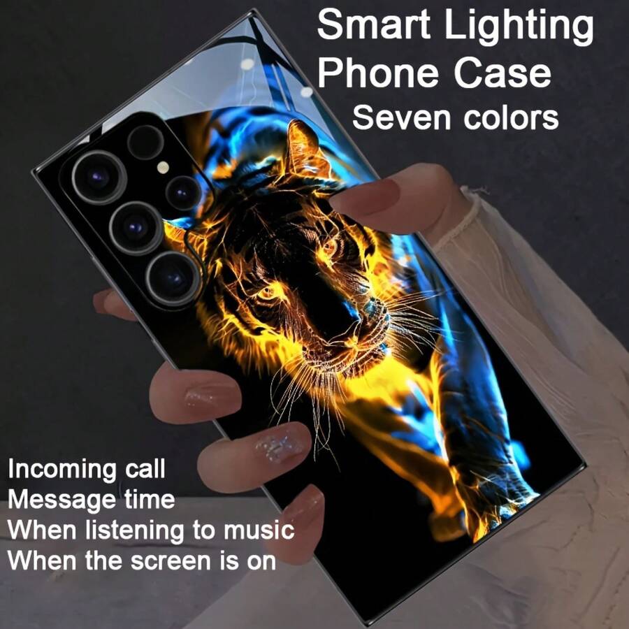 Cool Beast Flame Tiger Pattern Colorful Intelligent Voice Controlled Luminous Phone Case Suitable For S25Ultra/S24Ultra/S22Ultra/S23Ultra/S21Ultra/S20Ultra/S10+/S10/S10 5G/Note20Ultra/Note10+/A55/A54/A53/A52/A35/A34/A32/A25/A73/A15/A56/A42/A14/A13 Fold 7/Fold6/Fold 5 Intelligent Luminous Voice Controlled Phone Case - Night Light Technology, Elegant Daytime Design, Enhanced Nighttime Visibility -1pc - Vàng - Xem 1