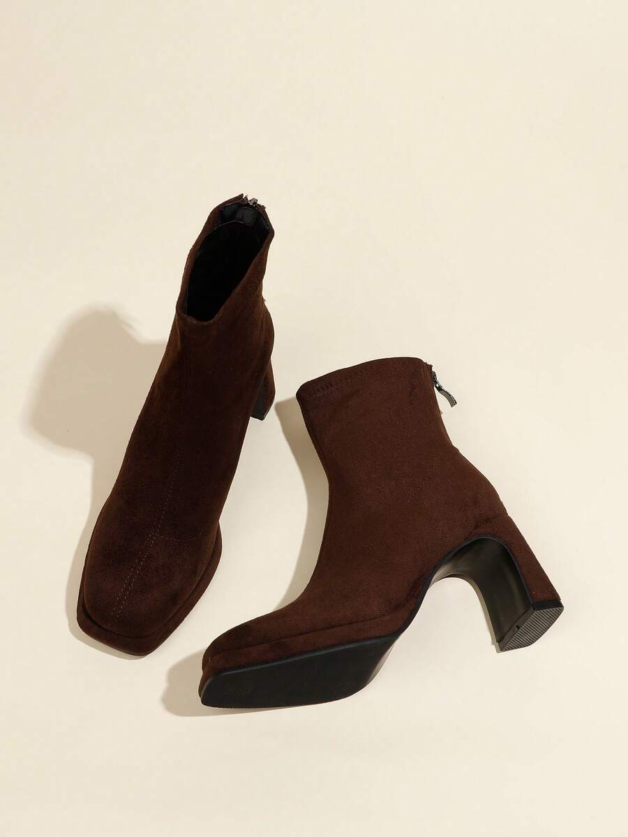 Fall/Winter 8cm Chunky Heel Brown Ankle Boots For Women, Block Heel, Zipper Closure, Platform, Slim Fit, Burgundy Heels - Brown - View 1