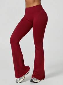 NcmRyu 1件装女士纯色无缝简约高腰弹力提臀喇叭运动裤 - 紅色 - 查看 9