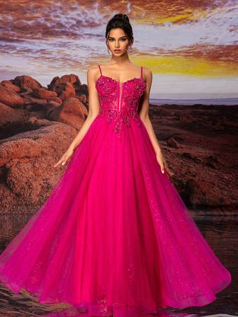 Hot Pink Sparkly Lace Prom Dress Long Cut Front Ball Gown Formal Evening Gowns For Women.