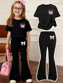 Toddler Girls' Cartoon Print Short Sleeve Top And Skinny Flared Pants Set - Black - View 2