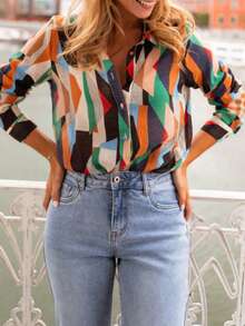Women's Abstract Pattern Long Sleeve Shirt, Button Front, Classic Collar, Regular Length Vacation Spring - Multicolor - View 1