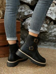 Simple Side Zipper Wedge Boots, Suitable For Women, Fashionable And Elegant, Suitable For Casual And Formal Occasions, All-Day Comfort And Support Design, Ideal For Autumn And Winter Fashion - Black - View 4