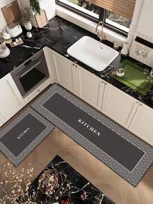 A High-Grade Line And Floral Patchwork Silicone Kitchen Mat With A Gradient Pattern, Cushioned And Anti-Fatigue, Quick-Drying And Non-Slip, Suitable For Kitchen, Bathroom, Entrance, Laundry Room, Etc. ,Room Decor - Dark Grey - View 3
