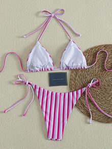 2pcs Fashionable Minimalist Personalized Women's Bikini Swimwear, Sexy Halter Backless Side Tie Design, Full Set Striped Print, Suitable For Spring/Summer Pool Party, Beach Holiday - Multicolor - View 2