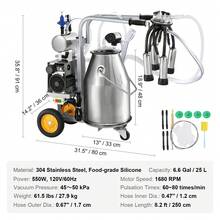 Ordeñadora eléctrica para vacas, cubeta de acero inoxidable 304 de 6,6 gal / 25 L, ordeñadora de vacío de pulsación automática, ordeñadora portátil con vasos y tubos de silicona de grado alimenticio, presión ajustable - 25 litros - Ver 7