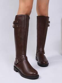 Women's Brown Buckle Decor Fashion Knee-High Boots, Fashionable Autumn/Winter Brown Side Zipper Motorcycle Boots, Thigh-High Riding Boots. Suitable For Daily Wear, Attending Banquets, Parties, Fashion Shows, Mid-Calf Boots, Thigh-High Boots And Daily Short Boots - Brown - View 4