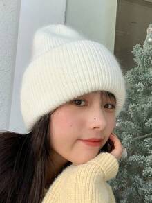 1pc Women's Solid Color Double-Layer Rolled Brim Knitted Beanie Hat, Autumn/Winter Outdoor Warm Halloween - 黑色 - 查看 4